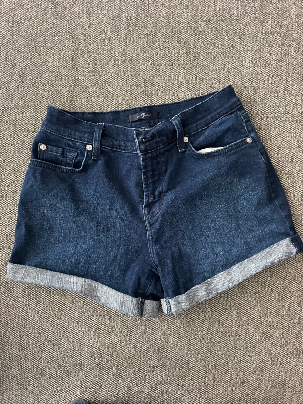 7 For All Mankind Dark Blue Rolled-Hem Denim Shorts